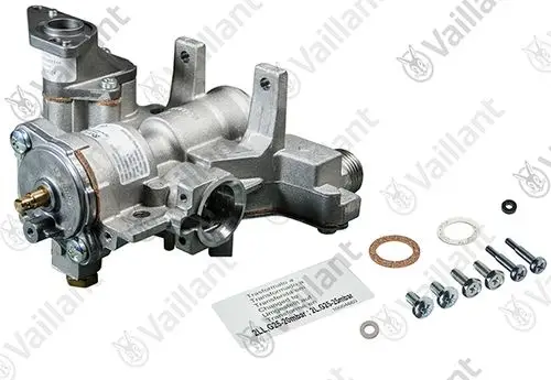 Vaillant Gasarmatur aus Metall mit verschiedenen Anschlüssen, Schrauben und Dichtungen, dargestellt auf hellem Hintergrund.